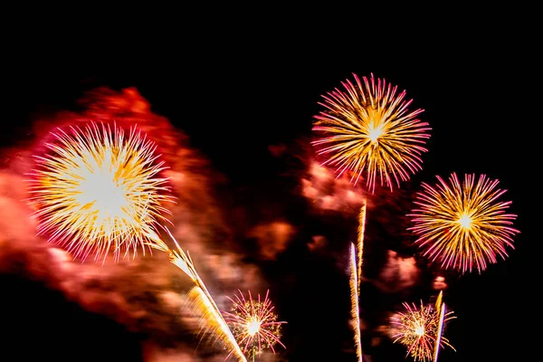 Hermosa exhibición de fuegos artificiales de colores en la noche para celebrar — Foto de Stock