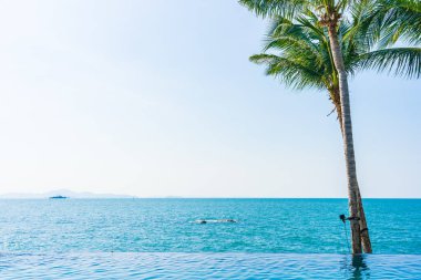 Otelin havuzunda hindistan cevizi palmiyeli lüks bir yüzme havuzu.