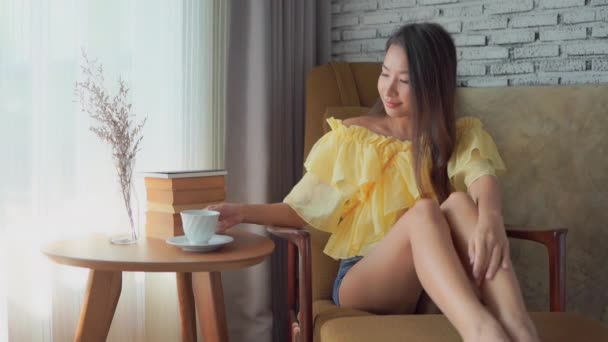 Footage Beautiful Asian Woman Drinking Coffee Home — 비디오