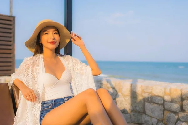 Portrait young asian woman happy smile relax around beach sea oc — Stock Photo, Image