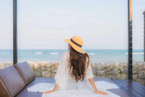 Portrait young asian woman happy smile relax around beach sea oc — Stock Photo, Image