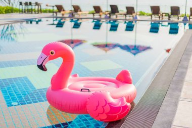 Flamingo, oteldeki havuzda şemsiyeyle yüzüyor.