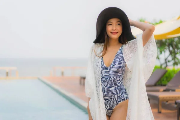 Portrait young asian woman happy smile relax around outdoor swim — 스톡 사진