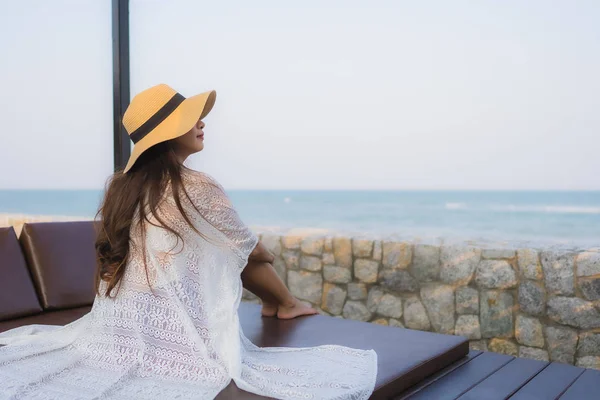 Portrait young asian woman happy smile relax around beach sea oc — Stock Photo, Image