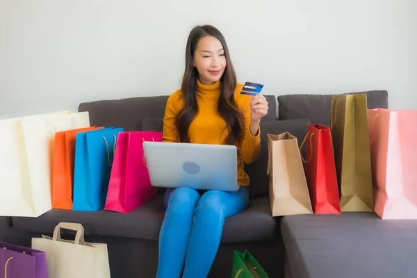 Portrait Young Asian Woman Using Laptop Computer Smart Mobile Phone — Stock Photo, Image