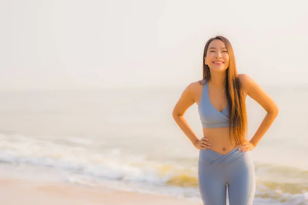 Porträt Sport Junge Asiatische Frau Bereiten Übung Oder Laufen Strand — Stockfoto