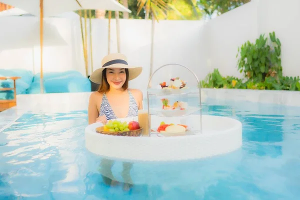 Portrait Beautiful Young Asian Woman Enjoy Afternoon Tea Breakfast Floating — Stock Photo, Image