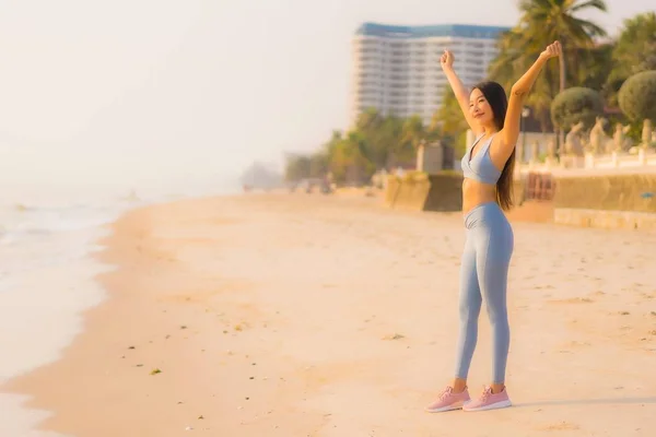 Porträt Sport Junge Asiatische Frau Bereiten Übung Oder Laufen Strand — Stockfoto