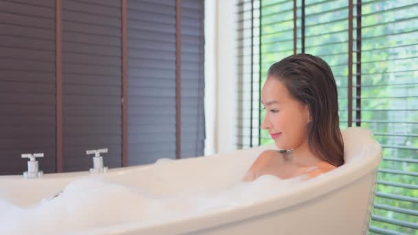 Portrait Young Asian Woman Relax Take Bath Bathtub Spa Concept — Stock Video