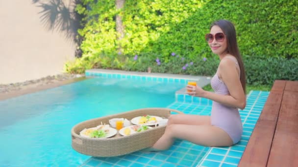 Portrait Beautiful Young Asian Woman Happy Smile Floating Breakfast Tray — Stock Video