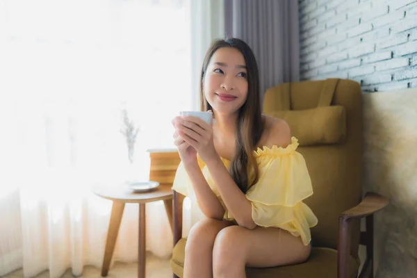 Portrait Young Asian Woman Sit Sofa Chair Read Book Coffee — Stock Photo, Image