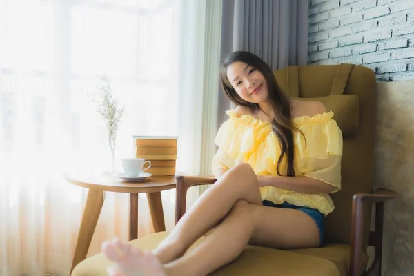 Portrait Young Asian Woman Sit Sofa Chair Read Book Coffee — 스톡 사진