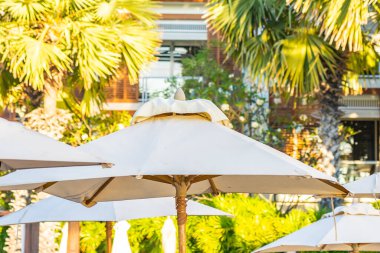 Güneş batarken veya gün doğarken sahil okyanusu etrafında palmiye ağaçları olan güzel tropikal doğa şemsiyesi.