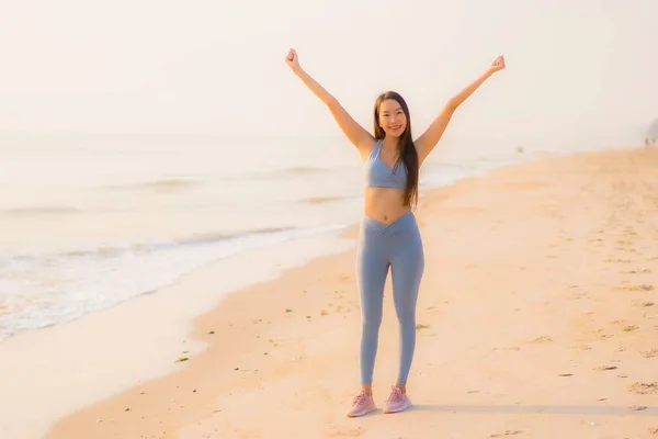 Portrait Sport Young Asian Woman Prepare Exercise Run Beach Sea — Stock Photo, Image
