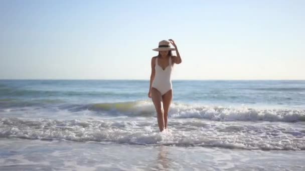 Footage Beautiful Asian Woman Seashore Vacation — Stock Video