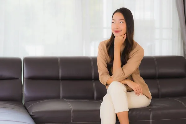 Portrait Beautiful Young Asian Woman Happy Smile Relax Sofa Living — Stock Photo, Image