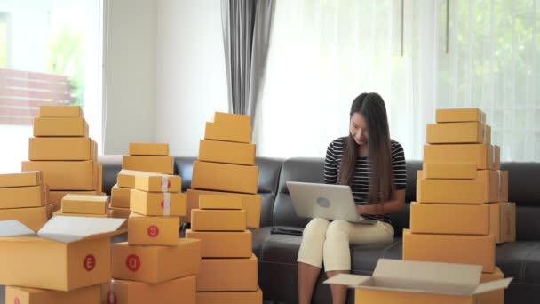 Imagens Bela Mulher Asiática Com Pilhas Caixas Fazendo Negócios Casa — Vídeo de Stock