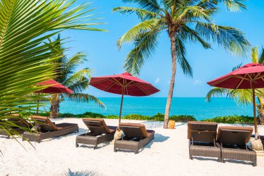 Güzel tropikal deniz okyanusu, şemsiyesi ve sandalyesi ile mavi gökyüzünde hindistan cevizi palmiyesinin etrafında tatil için