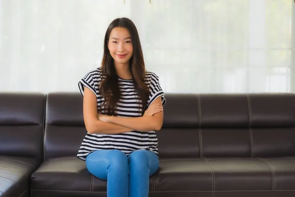 Portrait Beautiful Young Asian Woman Happy Smile Relax Sofa Living — Stock Photo, Image