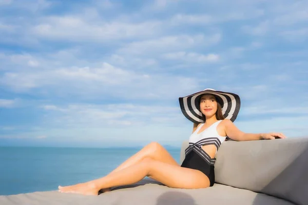 Portrait Beautiful Young Asian Women Relax Smile Happy Sea Beach — Stock Photo, Image