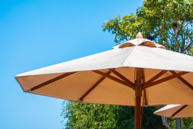 Şemsiye ve sandalye deniz kıyısında, tatil için mavi gökyüzü arka planında hindistan cevizi palmiyesi ağacı olan sandalye.