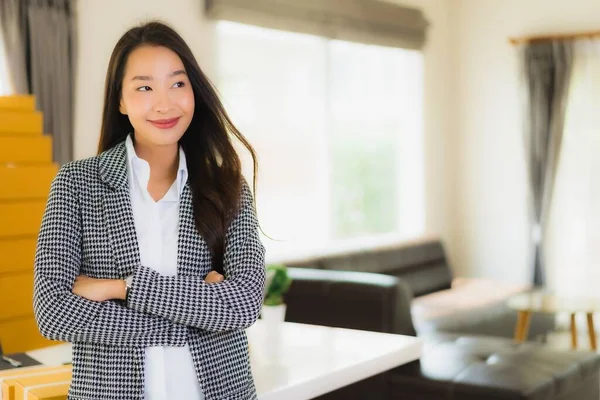 Portrait Beautiful Young Asian Business Woman Work Home Laptop Mobile — Stock Photo, Image