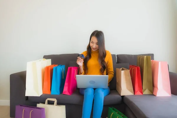 Portrait Young Asian Woman Using Laptop Computer Smart Mobile Phone — Stock Photo, Image