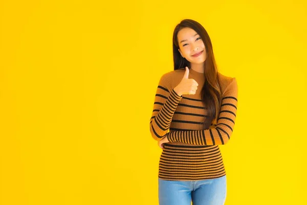 Portrait Beautiful Young Asian Adult Woman Smile Many Action Yellow — Stock Photo, Image