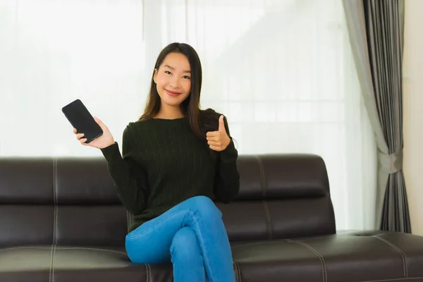 Portrait Beautiful Young Asian Woman Use Smart Mobile Phone Cellphone — Stock Photo, Image