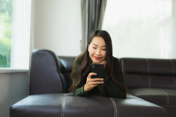 Portrait Beautiful Young Asian Woman Use Smart Mobile Phone Cellphone — Stock Photo, Image