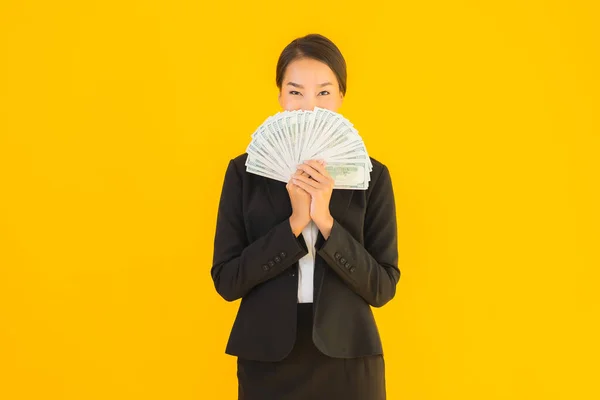 Beautiful Portrait Young Asian Woman Lot Monet Cash Yellow Isolated — Stock Photo, Image