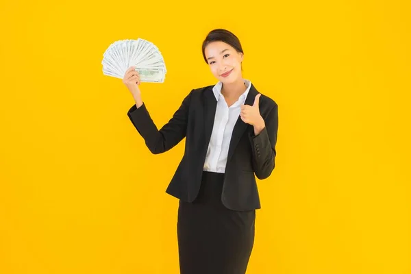 Beautiful Portrait Young Asian Woman Lot Monet Cash Yellow Isolated — Stock Photo, Image