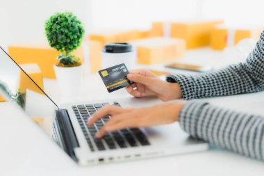 Güzel bir Asyalı kadının portresi online alışveriş malzemesi olarak dizüstü bilgisayarla kredi kartı kullanıyor.
