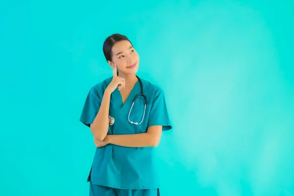 Portrait Beautiful Young Asian Doctor Woman Smile Many Action Blue — Stock Photo, Image