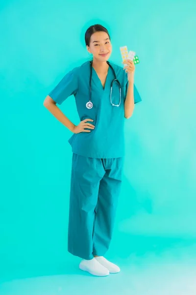 Portrait Beautiful Young Asian Doctor Woman Pill Drug Medicine Blue — Stock Photo, Image