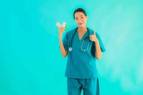 Portrait Beautiful Young Asian Doctor Woman Pill Drug Medicine Blue — Stock Photo, Image