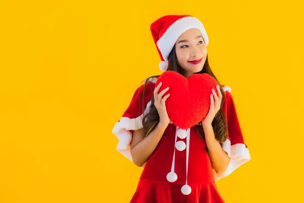 Portret Mooie Jonge Aziatische Kerst Kleding Hoed Glimlach Blij Met — Stockfoto