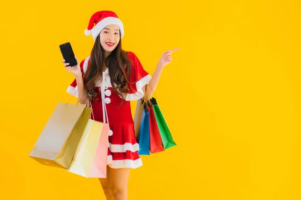 Portret Mooie Jonge Aziatische Vrouw Dragen Kerstmis Kleding Hoed Met — Stockfoto