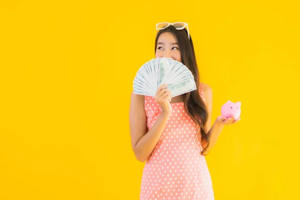 Retrato Bonito Jovem Ásia Mulher Com Monte Dinheiro Dinheiro Com — Fotografia de Stock