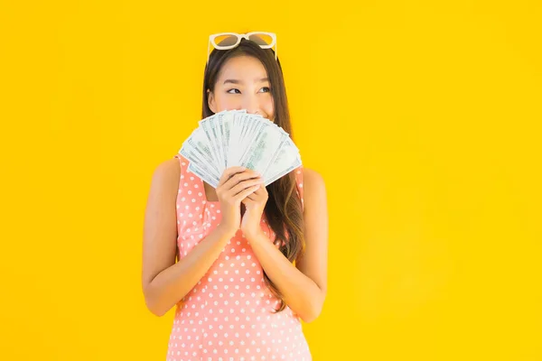 Portrait Beautiful Young Asian Woman Lot Cash Money Yellow Isolated — Stock Photo, Image