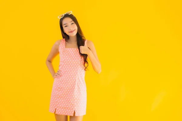 Portrait Beautiful Young Asian Woman Smile Happy Yellow Isolated Background — Stock Photo, Image