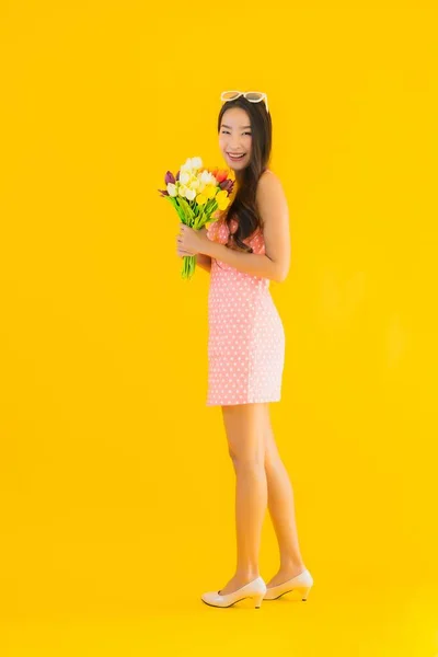 Portrait Beautiful Young Asian Woman Colorful Flower Yellow Isolated Background — Stock Photo, Image