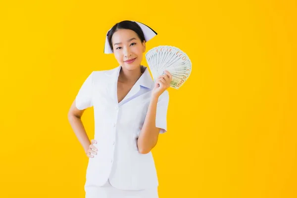 Portrait Beautiful Young Asian Woman Thai Nurse Lot Cash Money — Stock Photo, Image