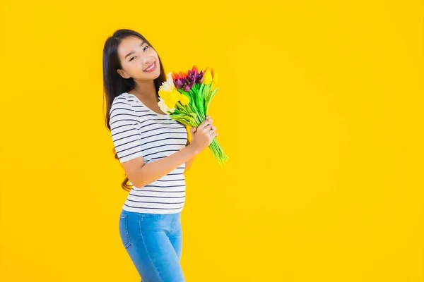 Portrait Beautiful Young Asian Woman Colorful Flower Yellow Isolated Background — Stock Photo, Image