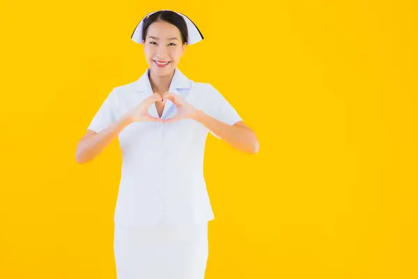 Retrato Bonito Jovem Asiático Tailandês Enfermeira Muitos Ação Trabalho Para — Fotografia de Stock