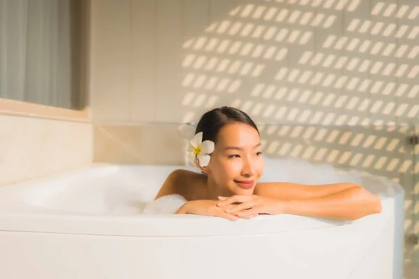 Portrait Young Asian Woman Relax Take Bath Bathtub Spa Concept — Stock Photo, Image