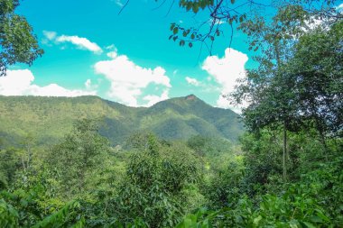 Erivan Ulusal Parkı Kanchanaburi Tayland 'dan mavi gökyüzü ve güzel doğa manzarası