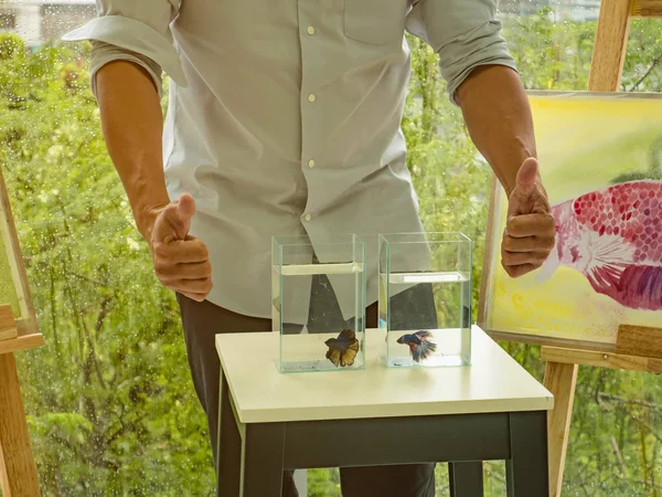Erkek sanatçı, suluboya balık çizimi, balık ve sanat konsepti için dövüşen siyam balığı modelinin elini kaldırıyor.