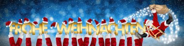 Alman xmas tebrik frohe weihnachten İngilizce çeviri neşeli Noel deli mavi kar panorama zemin üzerine altın harfler gidiyor komik Noel Baba atlı kızak ve kostüm silah