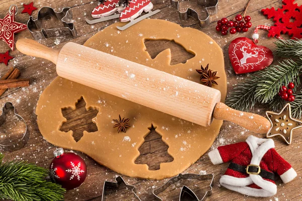 Christmas Bakery Konceptet Bakgrund Bakning Kakor Bakverk Brödkavel Formade Fräsar — Stockfoto